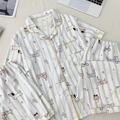 Summer Cloud Cotton Spwear Set Women's ort Sve Long Pants Home Clothes Cartoon Print Comfortable Breathable Nightgown Cz three-piece setStriped dog
