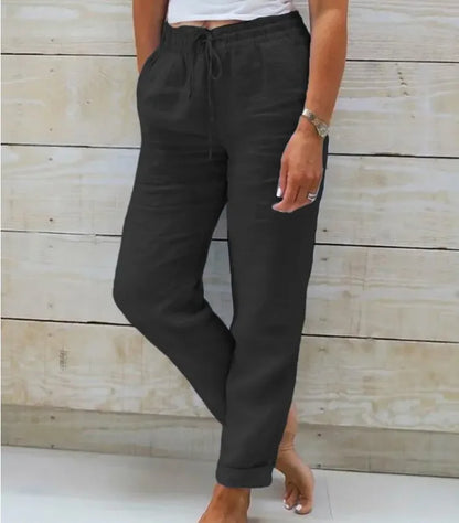 Women Cotton Linen Pants Summer Female High Elastic Waist Drawstring Pocket Beachwear Holiday Straight Trousers JYFS-1044 Black