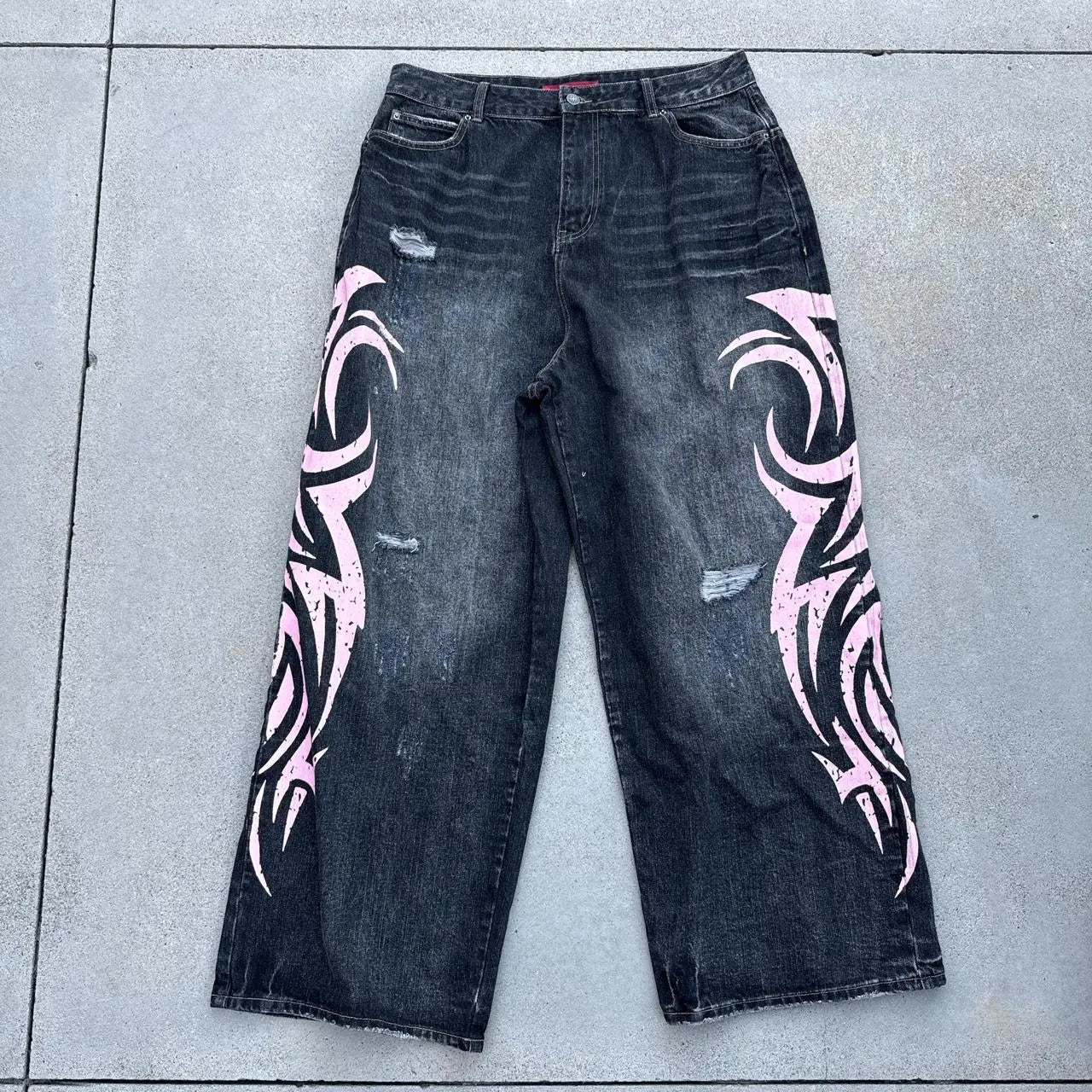 Street Fashion Y2K Asymmetrical Oversized Pattern High Waist Baggy Women Jean Vintage Harajuku Streetwear Straight Wide-leg Jean 1