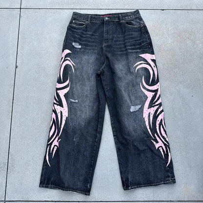 Street Fashion Y2K Asymmetrical Oversized Pattern High Waist Baggy Women Jean Vintage Harajuku Streetwear Straight Wide-leg Jean 1