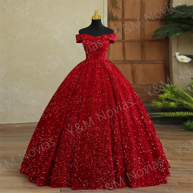 Y&M Novias Custom Plus Size Luxury Sequins Bow Off Shoulder Dark Red Quinceanera Dresses 15 Ball Gown For Party Vestido De Noiva Badiee Stylez