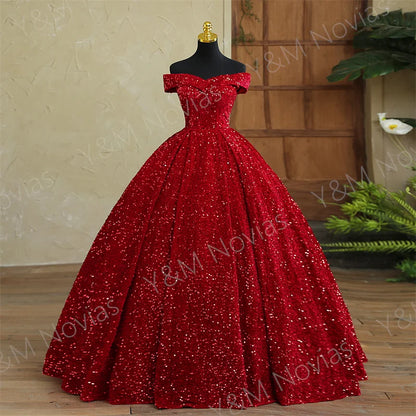 Y&M Novias Custom Plus Size Luxury Sequins Bow Off Shoulder Dark Red Quinceanera Dresses 15 Ball Gown For Party Vestido De Noiva Badiee Stylez