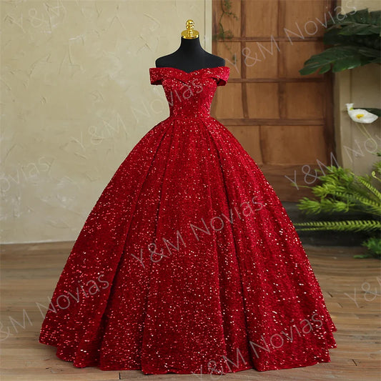 Y&M Novias Custom Plus Size Luxury Sequins Bow Off Shoulder Dark Red Quinceanera Dresses 15 Ball Gown For Party Vestido De Noiva Badiee Stylez
