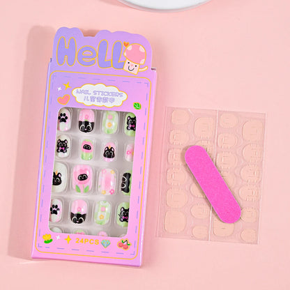24Pcs Children Cartoon Nail Tips Colorful Cute Rabbit Pink Stars 6-14 Years old Girl Fake Nail With Jelly Glue Kids False Nail TC0010-2