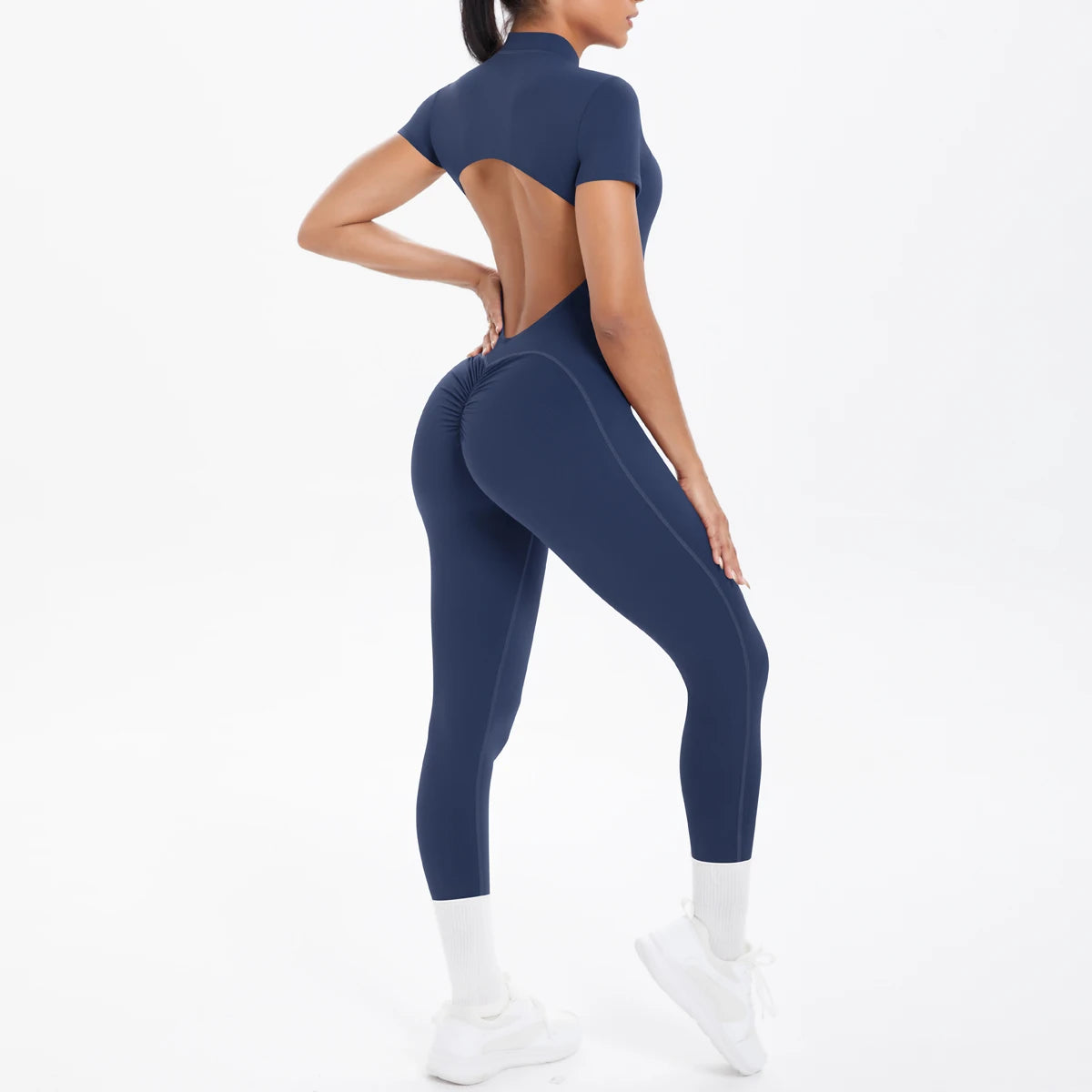 Short Sleeved Fitness Jumpsuit for Woman Bodysuits Backless Solid Color Scrunch One-Piece Suit Half Zipper Gym Yoga Sets Womens Navy