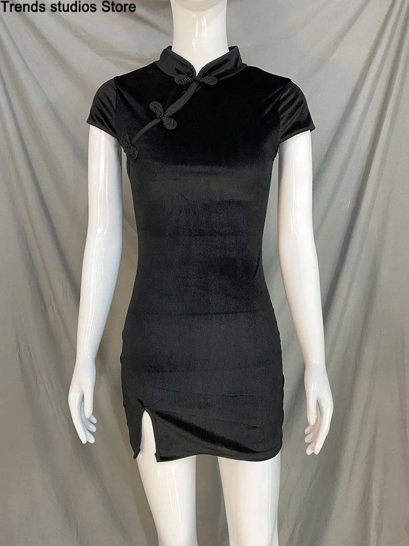 Women Dress Y2K Cheongsam Velvet Elegant Black Sexy Short Sleeve Button Casual Shopping Photo Chinese Dress Tight Fashion Summer Badiee Stylez