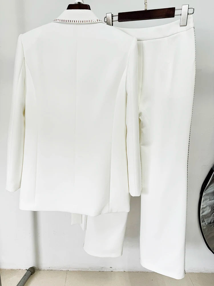 HIGH STREET Newest Fashion 2024 Designer Suit Set Women's Beading Belted Single Button Blazer Pants Set 2pcs Badiee Stylez