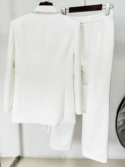 HIGH STREET Newest Fashion 2024 Designer Suit Set Women's Beading Belted Single Button Blazer Pants Set 2pcs Badiee Stylez