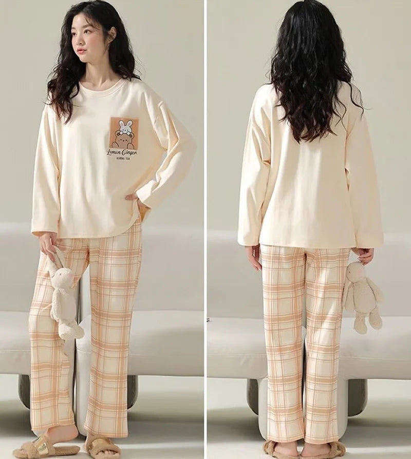 Women's Pajamas Two-Piece Casual Cute Comfortable Sleepwear Homewear Set Tops and Trousers Nightwear Lounge Wear Autumn Winter