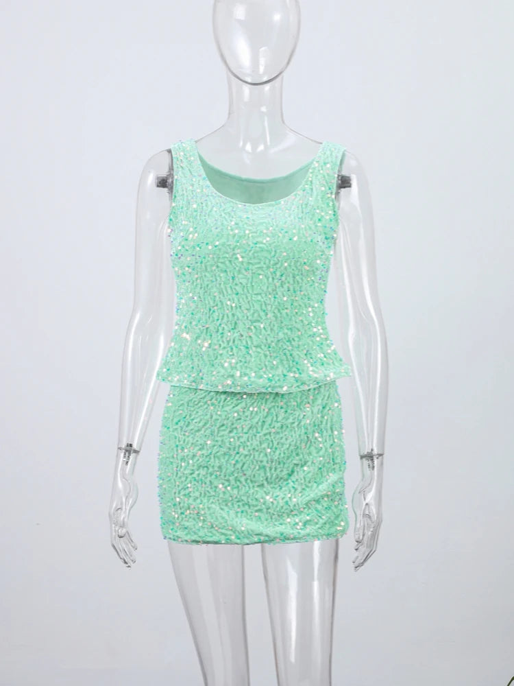 O-neck Vest Mini Skirt Suits Women Sexy sparkly Sequined Sleeveless Tank Tops With Bodycon Short Skirts Fashion Ladies Beachwear