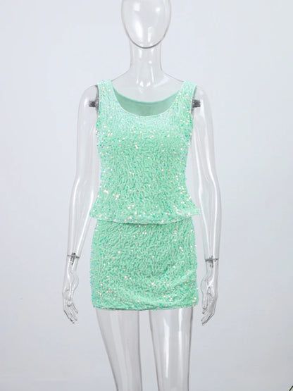 O-neck Vest Mini Skirt Suits Women Sexy sparkly Sequined Sleeveless Tank Tops With Bodycon Short Skirts Fashion Ladies Beachwear