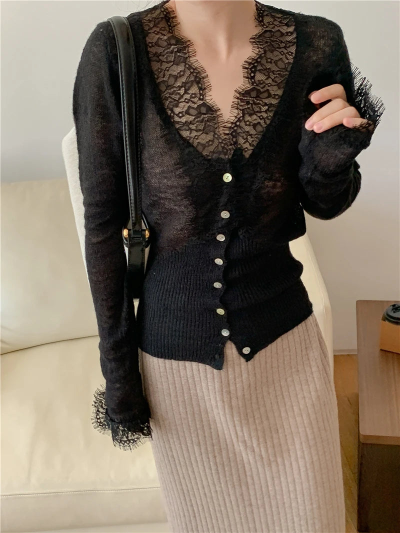 High-fashion Kawaii Botton Up Lace Patchwork Knitted Cardigan Women Autumn Winter Ladies Elegant Vintage Sweater Cheap Wholesale