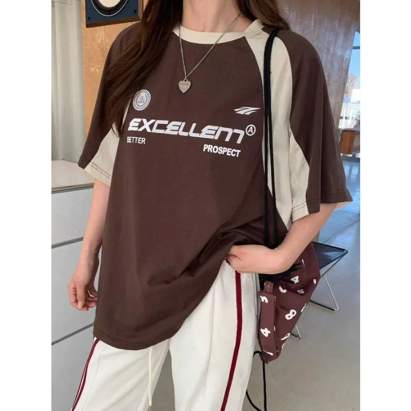 Women's Contrast Letters Printed Round Neck Short Sleeve T-Shirt Summer Women Clothing Fashion Korean Y2K Streetwear Tops