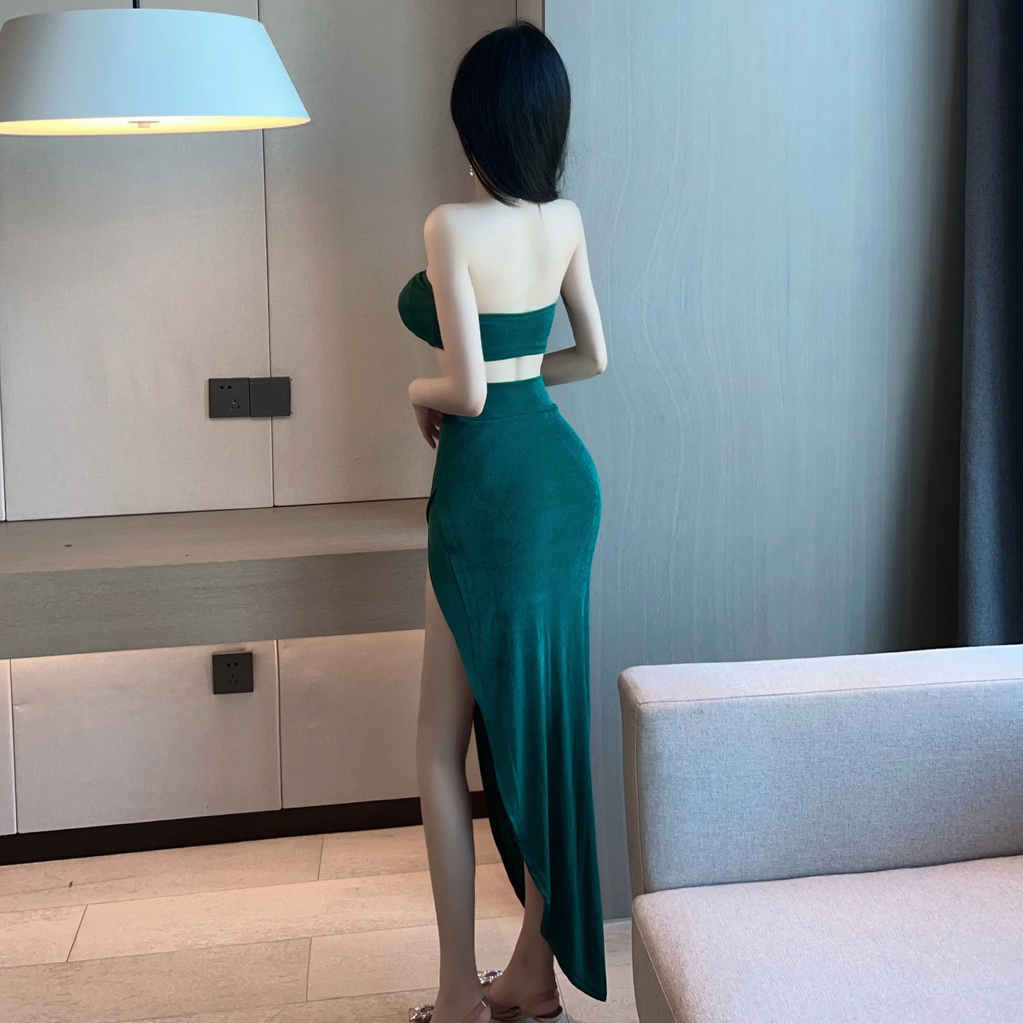 Summer New Women's Vintage Temperament Dark Green High Split Long Dress Wrapped Chest Sexy Fashion Elegant Hollow Set 8879