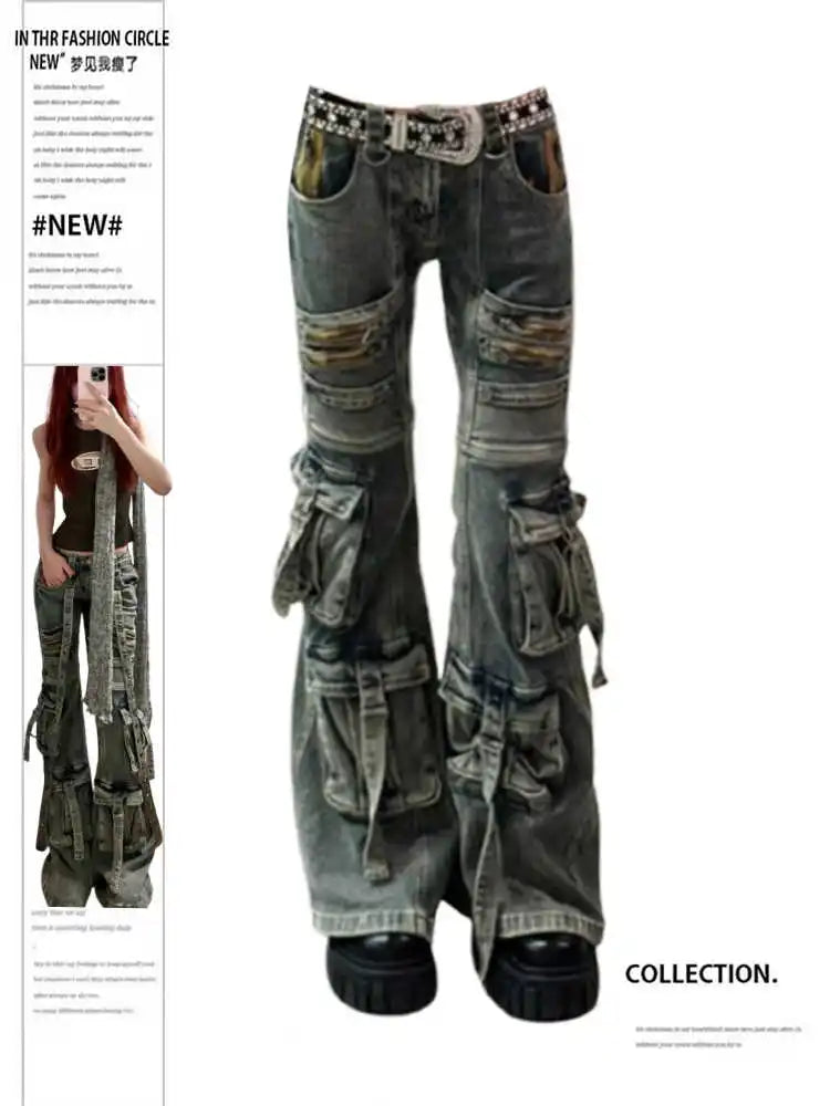 Women Abi Harajuku Y2K Streetwear Pantalones Low Rise Denim Goblin Core Flare Cargo Pants Jean Bell-Bottom Japanese Long Trouser Black