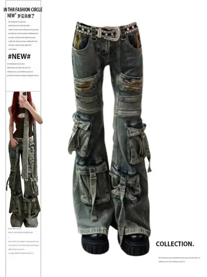 Women Abi Harajuku Y2K Streetwear Pantalones Low Rise Denim Goblin Core Flare Cargo Pants Jean Bell-Bottom Japanese Long Trouser Black