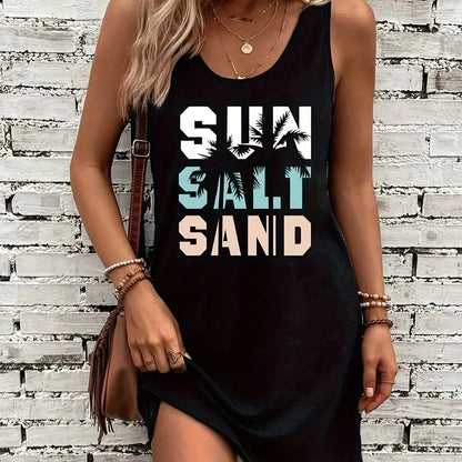 Women's Summer Sleeveless Tank Top Dress Sexy Women's summer loose sleeveless short mini dress with black print HL321
