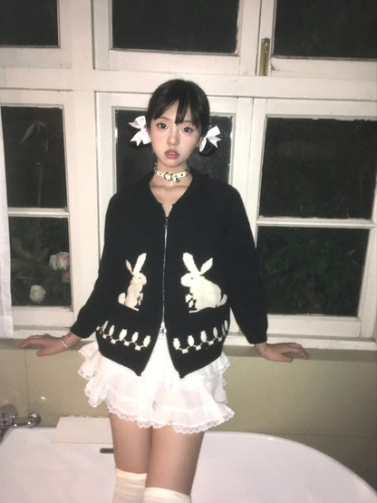 Karrram Japanese Y2k Knit Cardigans Vintage Rabbit Embroidery Zipper Knitwear Harajuku 2000s Korean Knitted Coat Preppy Style