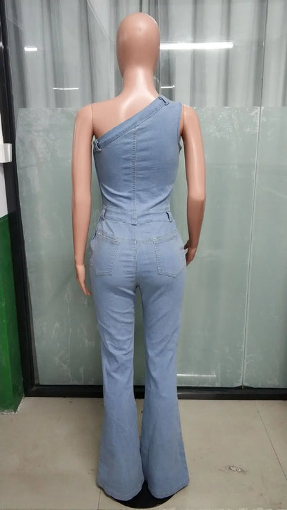 Flare Denim Pants Full Length Women Jeans One Piece Overalls Spliced Solid Jumpsuits Loose Pockets High Waist Basics Washed