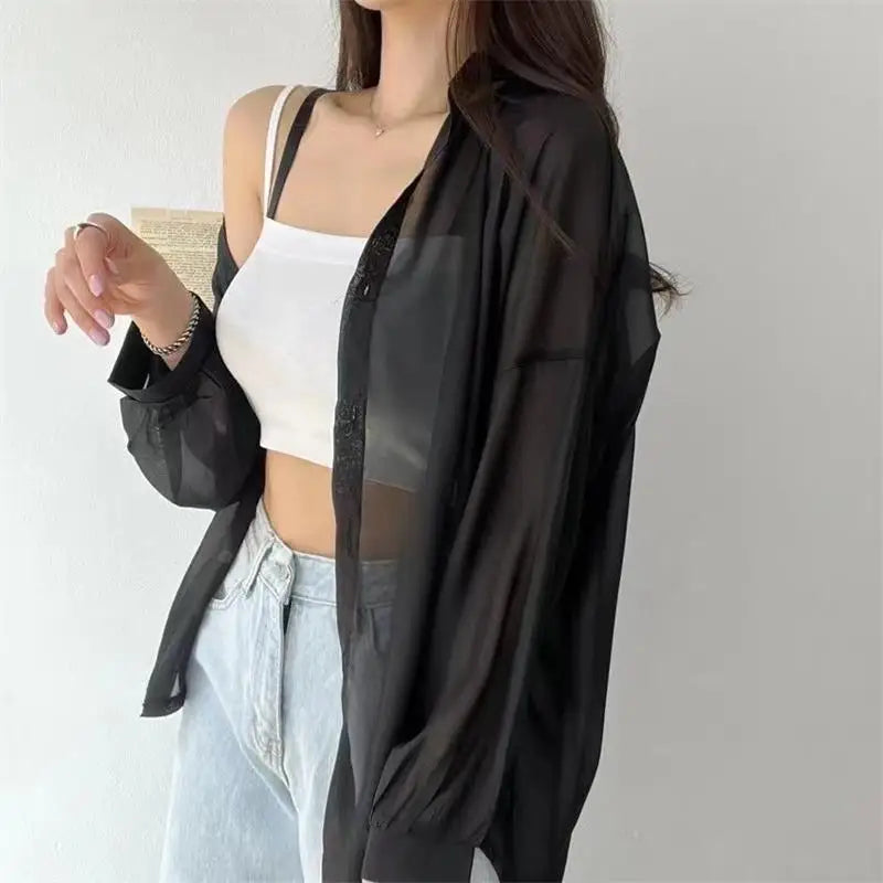 7 Colors Shirts Women Sheer Thin Chic Summer Simple Solid Sun-proof Tops Fashion Baggy All-match Basic Korean Style Sexy Clothes Black One Size