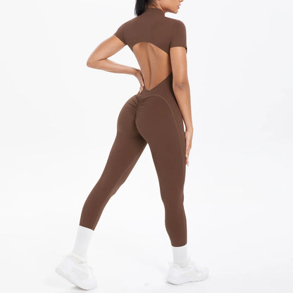 Short Sleeved Fitness Jumpsuit for Woman Bodysuits Backless Solid Color Scrunch One-Piece Suit Half Zipper Gym Yoga Sets Womens