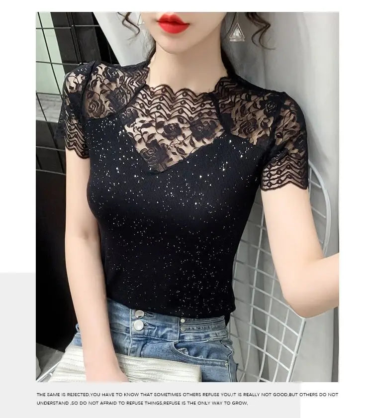 Summer Women Tops Patchwork Bright silk Mesh T shirt Pathcwork Short Sleeve Lace Shirt