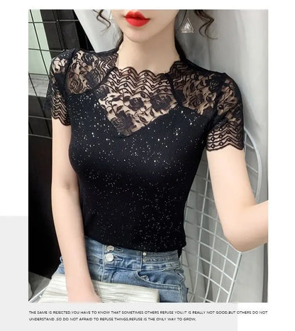 Summer Women Tops Patchwork Bright silk Mesh T shirt Pathcwork Short Sleeve Lace Shirt