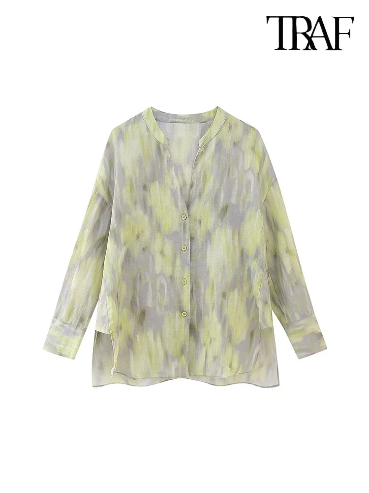 TRAF Women's single-breasted V-neck long-sleeved shirt Drawstring high-waisted wide-legged trousers Retro Printed Cotton Set Shirt-K343