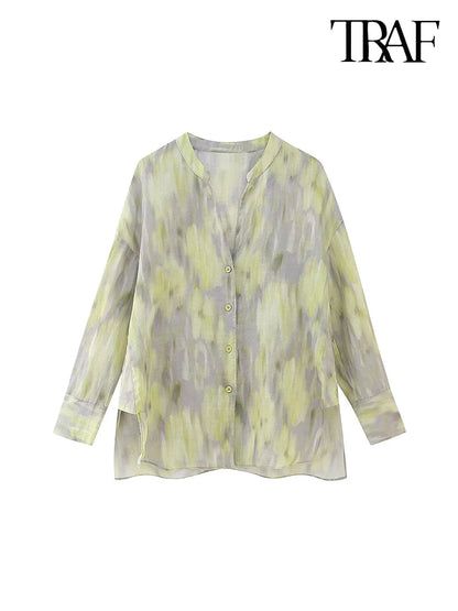 TRAF Women's single-breasted V-neck long-sleeved shirt Drawstring high-waisted wide-legged trousers Retro Printed Cotton Set Shirt-K343