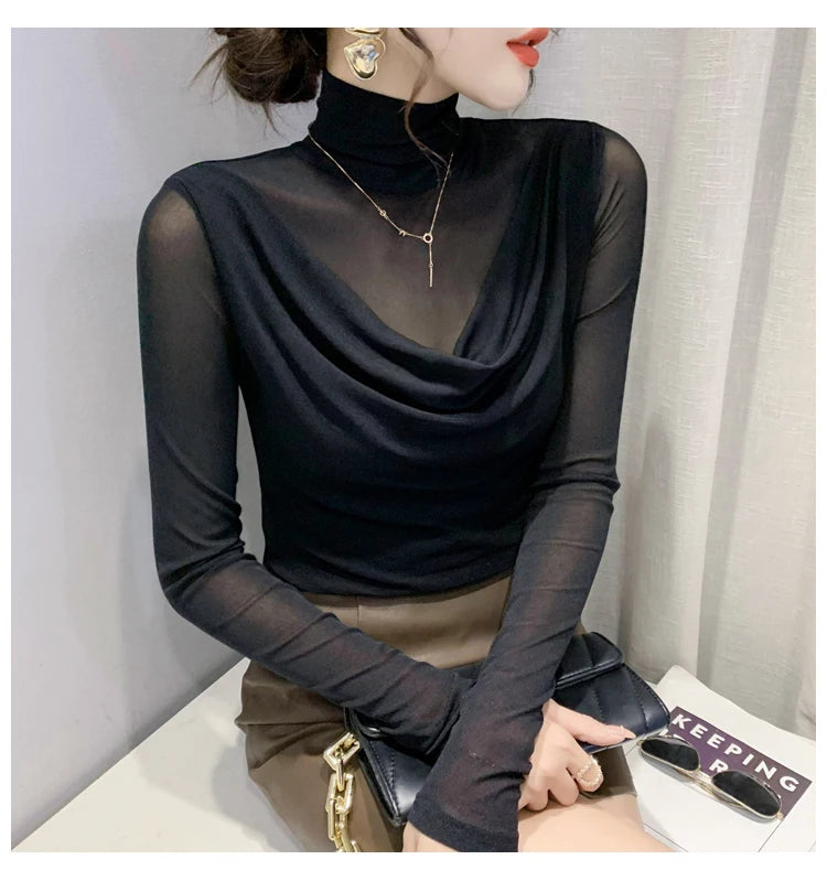 Sexy Mesh Basic T-shirts Women 2025 Fashion Turtleneck Casual Long Sleeve Y2k Tops Korean Clothes Woman Black Winter T Shirt 4XL