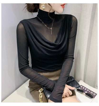 Sexy Mesh Basic T-shirts Women 2025 Fashion Turtleneck Casual Long Sleeve Y2k Tops Korean Clothes Woman Black Winter T Shirt 4XL