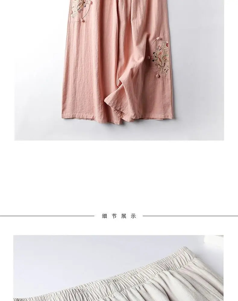 Summer Cotton Linen Cropped Pants Women Casual Thin Vintage Ethnic Bottom Embroidered Wide Leg Pants Woman Clothes Trousers