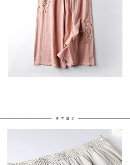 Summer Cotton Linen Cropped Pants Women Casual Thin Vintage Ethnic Bottom Embroidered Wide Leg Pants Woman Clothes Trousers
