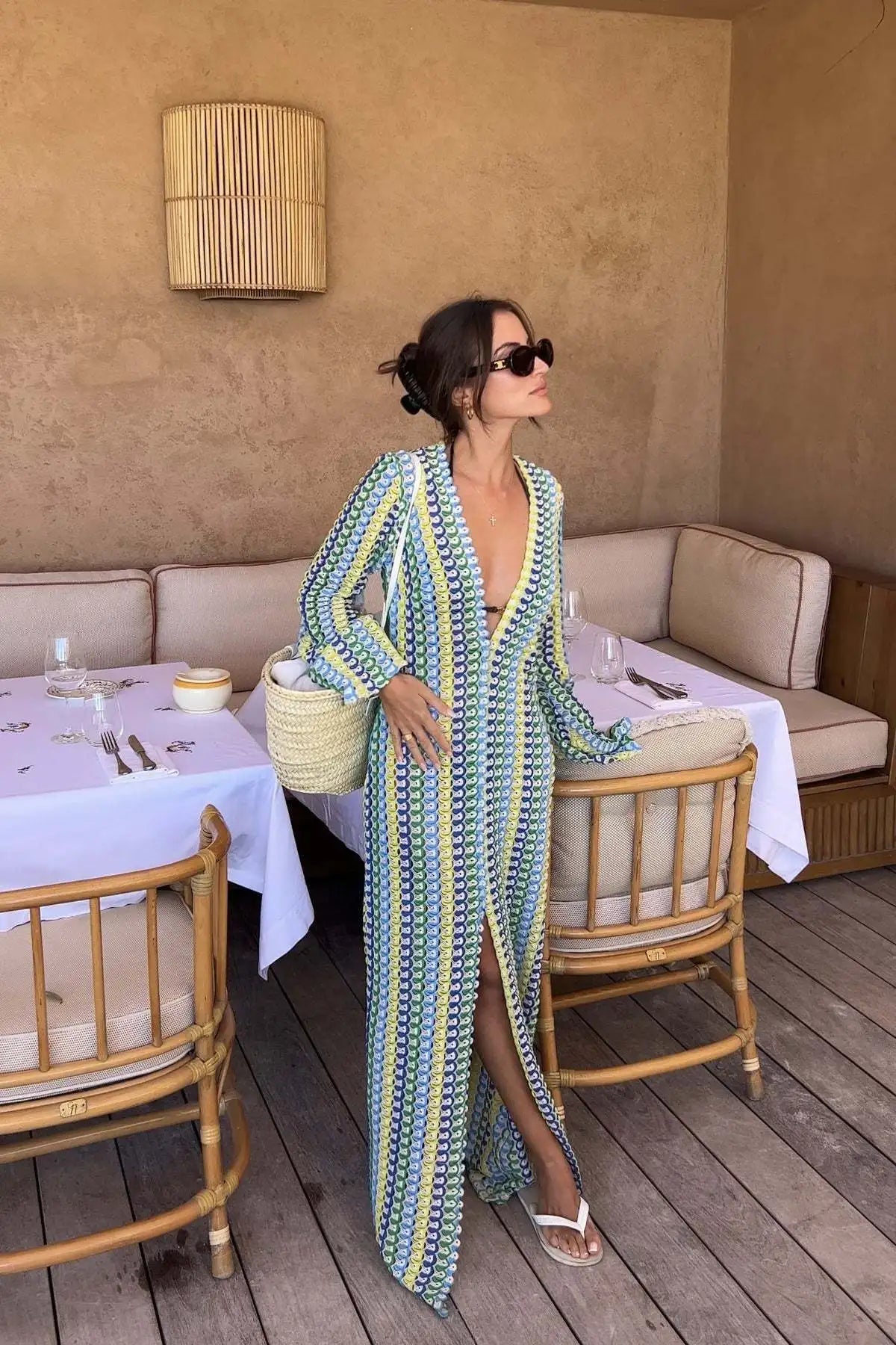 Crochet Colorful Stripe Flare Sleeve Maxi Dress Women V-neck High Split Sexy Lace Long Dresses 2024 New Beach Banquet Vestidos