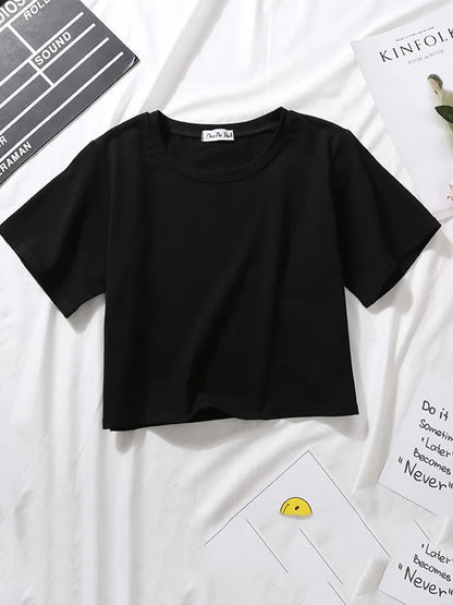 Summer Short Sleeve T Shirts Women Cotton Solid T-shirt O Neck High Waist Crop Top Tee Female Casual Loose T Shirt Badiee Stylez