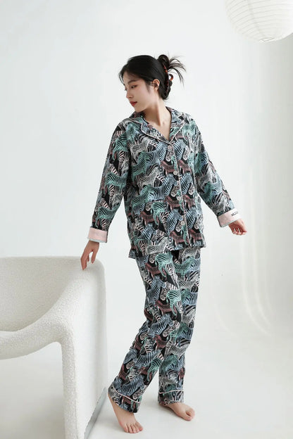 Women's Winter Pyjama Suit Print Long Sleeve Turn Down Collar Female Clothes 100% Cotton Single Breasted Sleepwear for Female