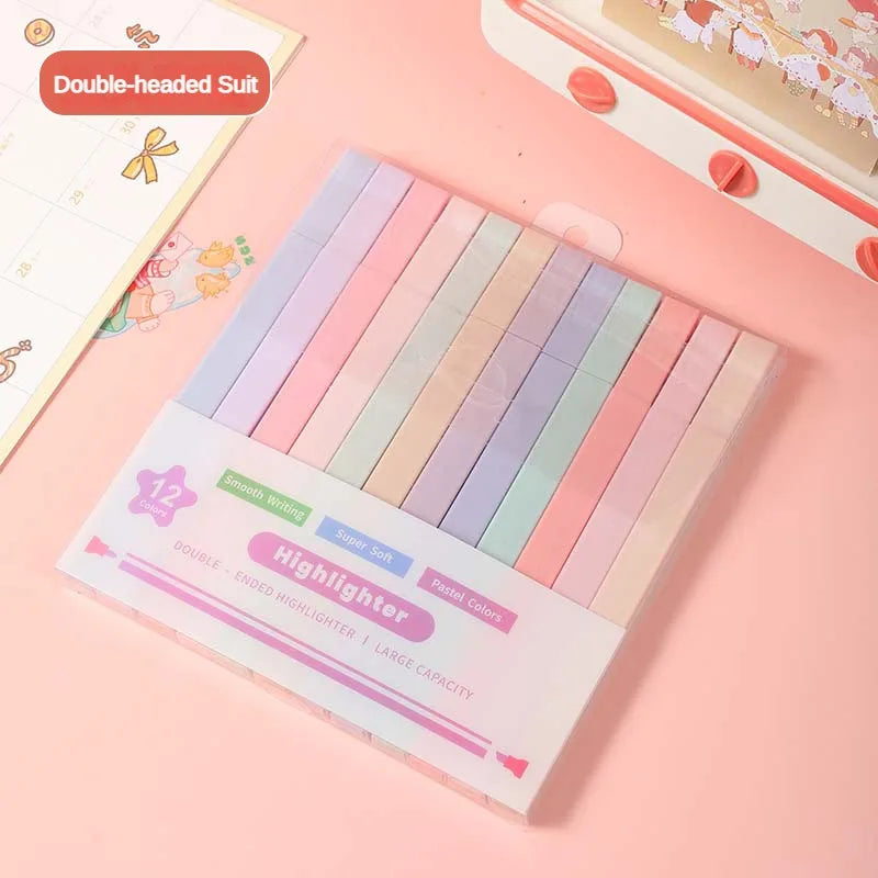 12 Pcs/Set Double Tip Highlighter Pens Kawaii Manga Markers Midliner Pastel Gel Set Stationery Journal School office Supplies Badiee Stylez