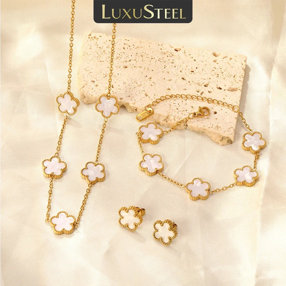 LUXUSTEEL Pendant Earnail Chain Bracelet Set Flower Shaped Stainless Steel Pendants Necklace Earring Sets Necklace Jewelry Gift Badiee Stylez