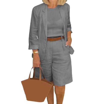 Formal Shorts Suit Knee Length Pants Lady Business Outfit Cardigan Plus Size Lady Coat Shorts Set Daily Wear Grey