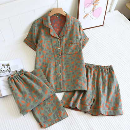 2025 New Spring/Summer Pajamas Three Piece Set Thin 100%Cotton Crepe Ladies Short Sleeves+Shorts+Pants Flip Collar Home Suit Set Red leaves