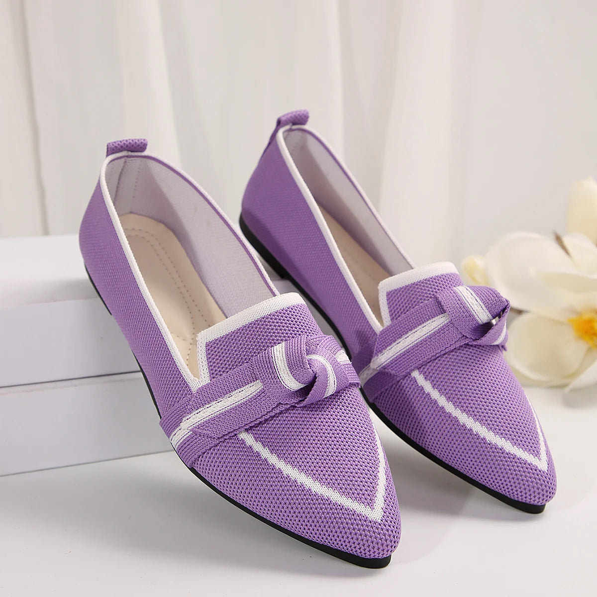 Women Flats Loafers Bowknot Pointed Toe Mesh Casual Shoes Comfort Walkers Ladies Light Lace Up Soft Sole Flats Zapatos De Mujer PURPLE