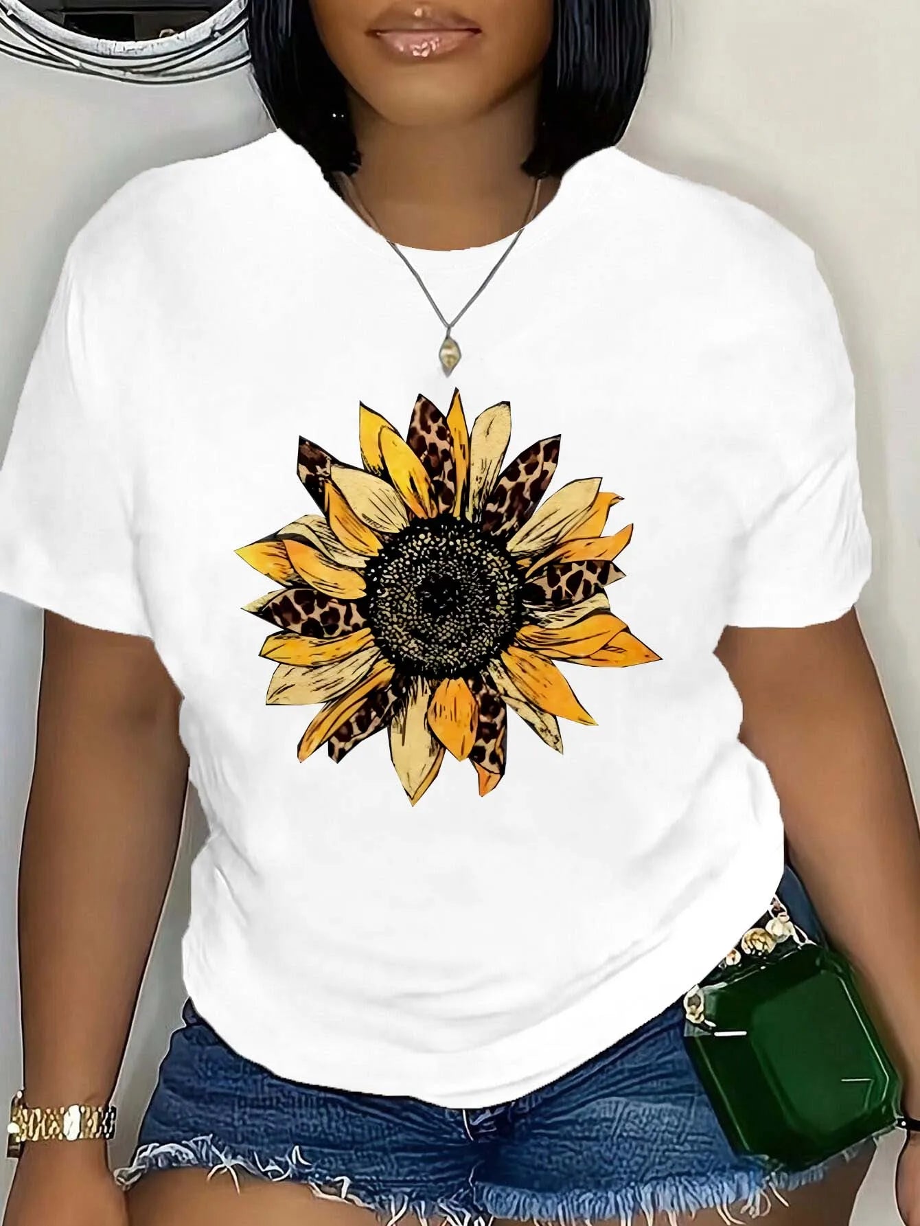 Plus Size Leopard Sunflower Graphic Tee Fashion Forward Plus Size Top With Unique Floral Leopard Print For Chic Summer Vibes WHITE