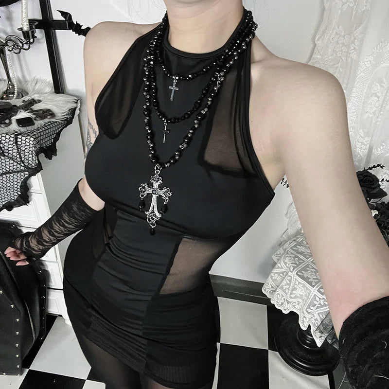 American Fashion Gothic Style Mesh Black Silk Sexy Trousers Suit Women's Summer Street Hip-hop Y2K Black Flared Pants Top up