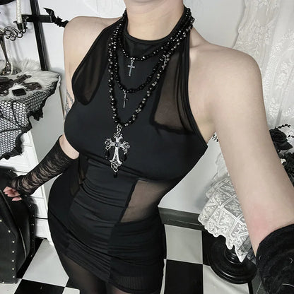 American Fashion Gothic Style Mesh Black Silk Sexy Trousers Suit Women's Summer Street Hip-hop Y2K Black Flared Pants Top up