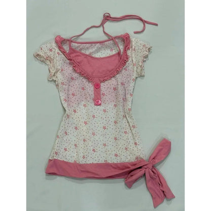 Retro Floral Print Fake Two-piece Short-sleeved T-shirt Women Y2K Millennial Hot Girl Sweet Slim Harajuku Street Casual Top