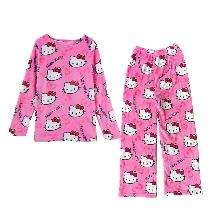 Winter Hello Kitty Pajamas Set Flannel Pants Kawaii Cartoon Pajama Suit Warm Thickened Woman Pants Plush Homewear Cute Sleepwear 1