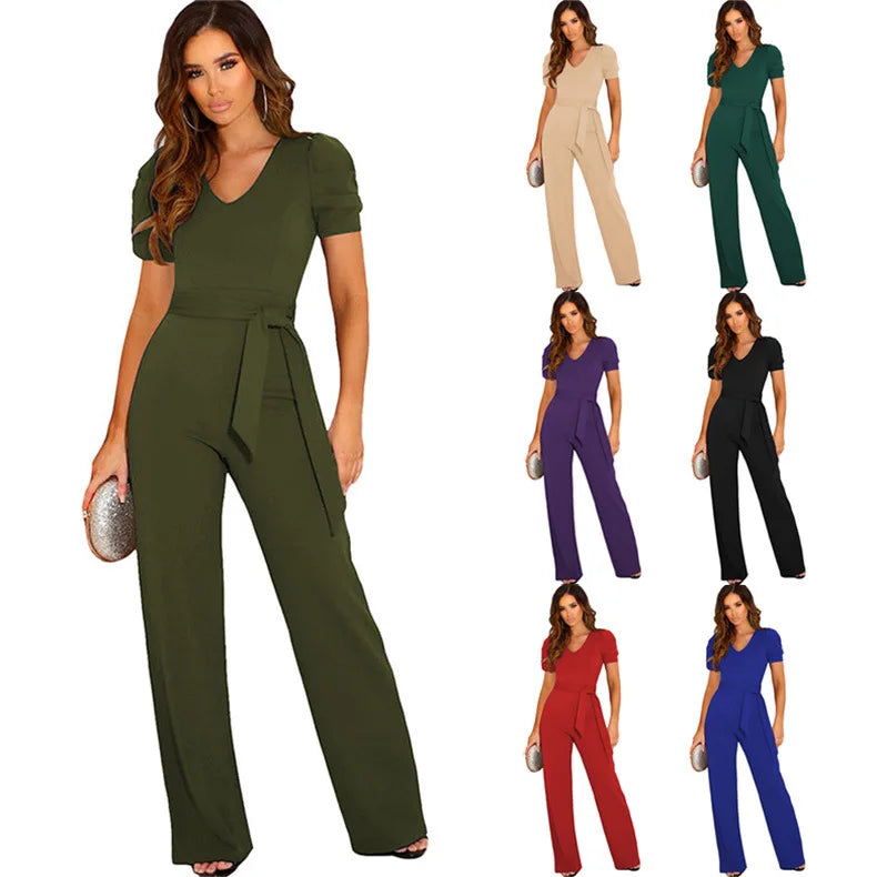 Elegant Women's Jumpsuits 2024 Summer Lace Up Waist Solid V-Neck Short Sleeve Wide Leg Pants Female Commuter Office Plus Size