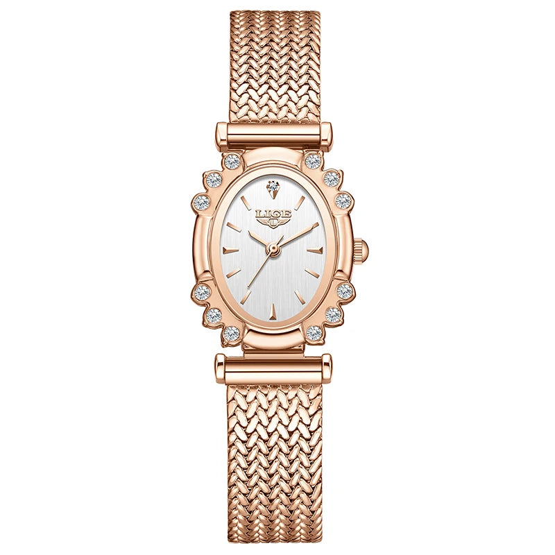 LIGE 2025 New Gold Square Watch For Women Simple Fashion Waterproof Quartz Ladies Watches Ultra-Thin Mesh Women's Bracelet Watch rose gold