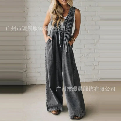 Fashion Casual Jumpsuit Women's 2025 Loose Sleeveless Solid color Pleated Lace-up One Piece Set Romper Pocket Playsuit（no Denim） Badiee Stylez