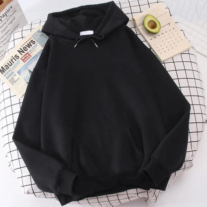 Autumn Casual Women's Solid Hoodie Comfortable Strecth Sweatshirts Loose Pocket Warm Clothes Fashion Street Female Pullovers Black